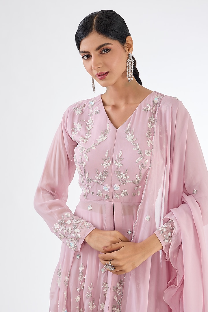 Powder Pink Chinon Georgette Embroidered Party Wear Sharara Set by Baidehi at Pernia's Pop Up Shop