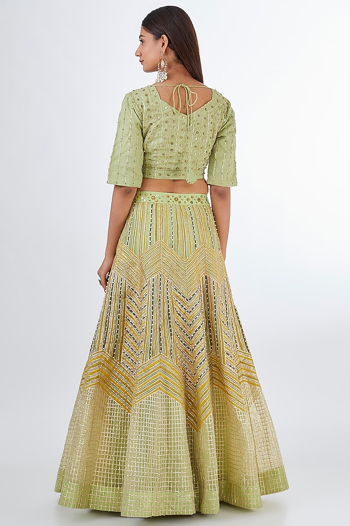 Pista Green Organza Zig-Zag Embroidered Wedding Lehenga Set by Baidehi at Pernia's Pop Up Shop