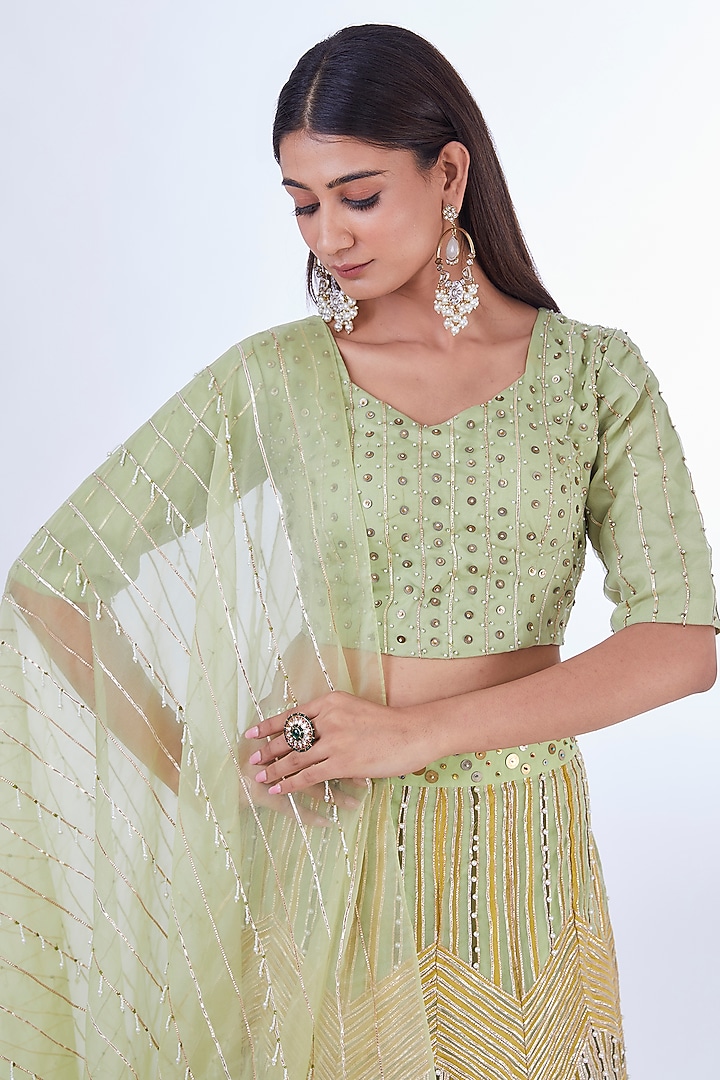 Pista Green Organza Zig-Zag Embroidered Wedding Lehenga Set by Baidehi at Pernia's Pop Up Shop