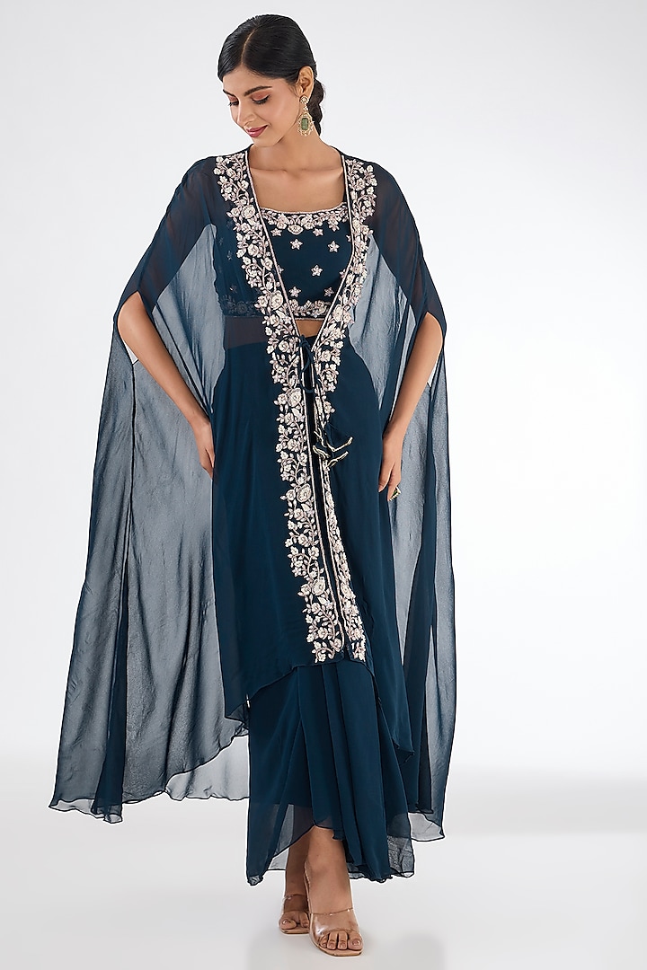 Navy Blue Chinon Georgette Cowl Pleated Skirt Set by Baidehi at Pernia's Pop Up Shop