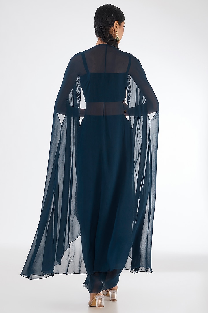 Navy Blue Chinon Georgette Cowl Pleated Skirt Set by Baidehi at Pernia's Pop Up Shop