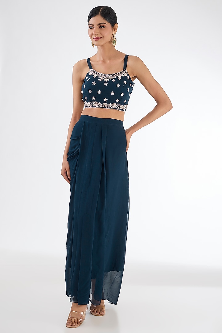 Navy Blue Chinon Georgette Cowl Pleated Skirt Set by Baidehi at Pernia's Pop Up Shop