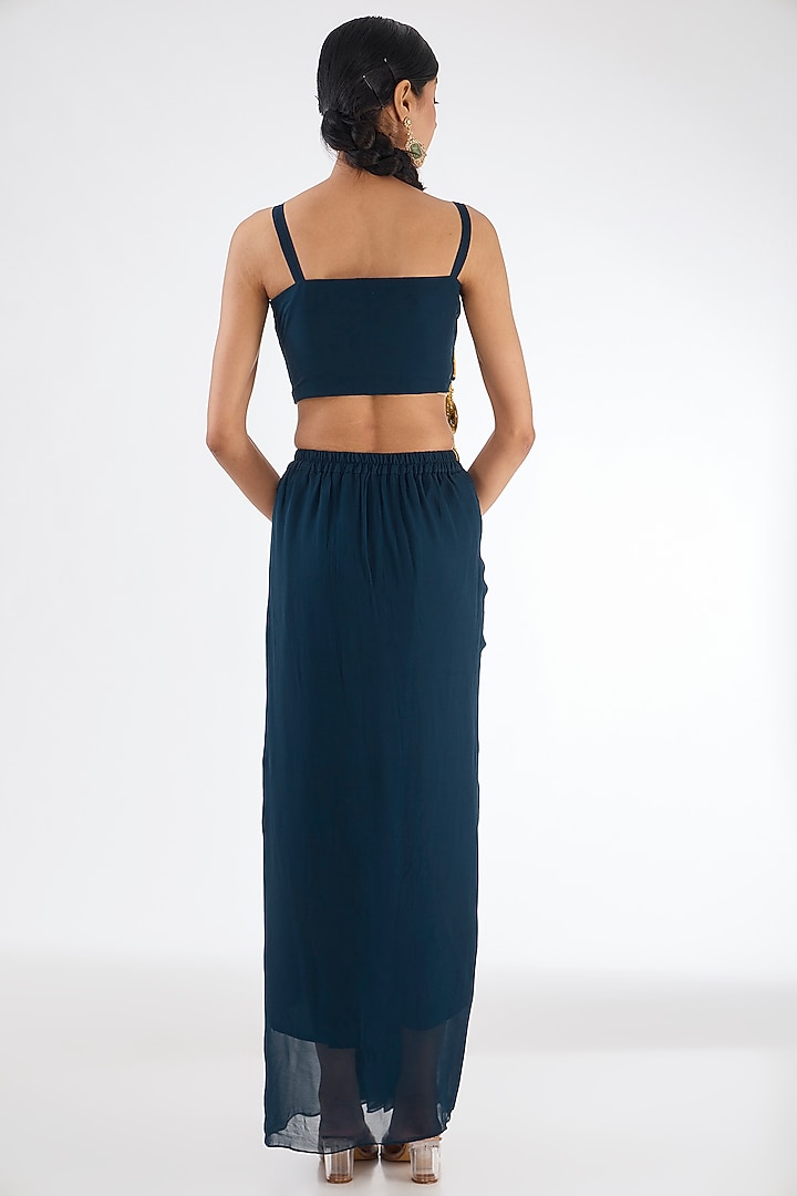 Navy Blue Chinon Georgette Cowl Pleated Skirt Set by Baidehi at Pernia's Pop Up Shop