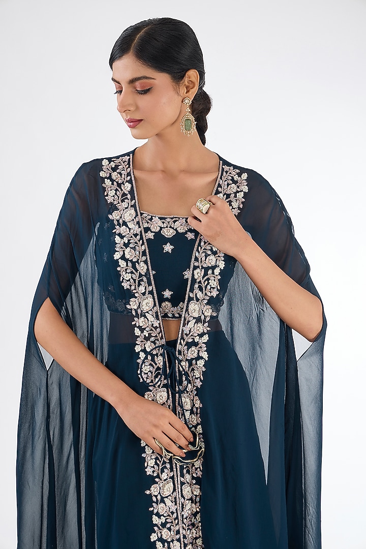 Navy Blue Chinon Georgette Cowl Pleated Skirt Set by Baidehi at Pernia's Pop Up Shop