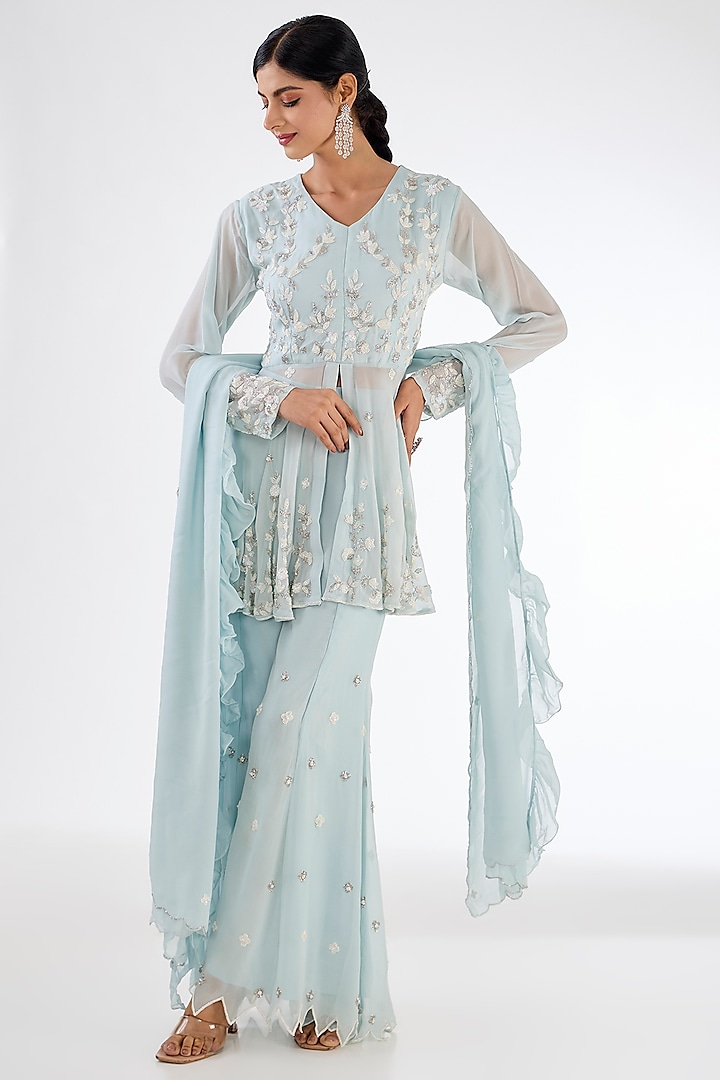 Ice Blue Chinon Georgette Embroidered Sharara Set by Baidehi