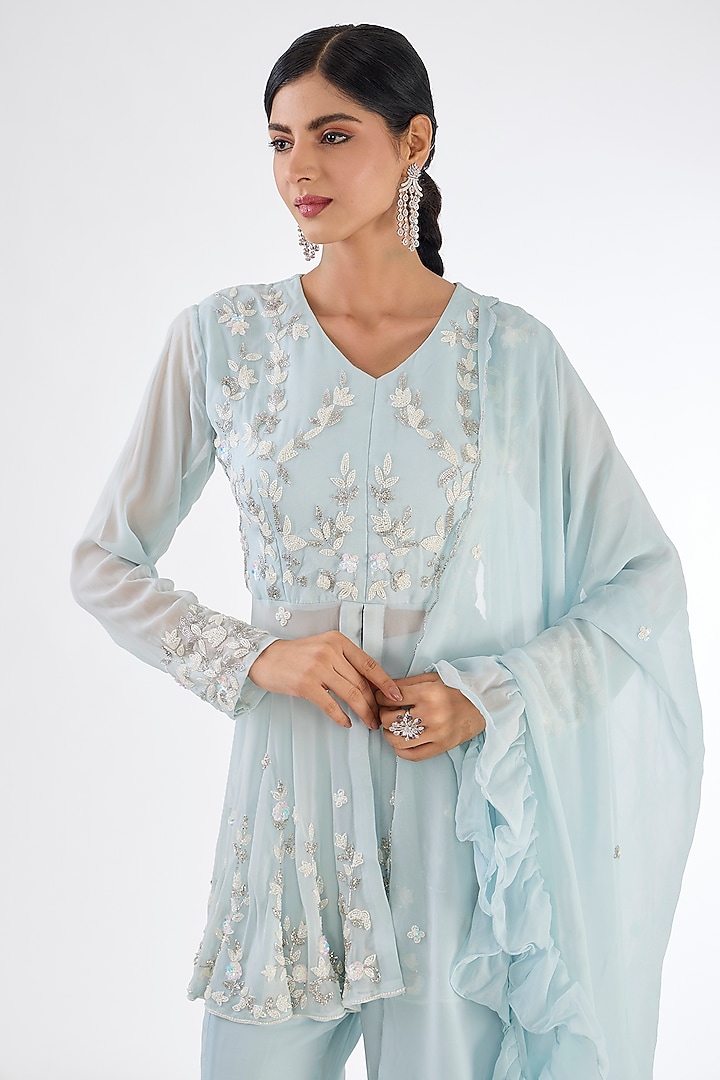 Ice Blue Chinon Georgette Embroidered Party Wear Sharara Set by Baidehi at Pernia's Pop Up Shop