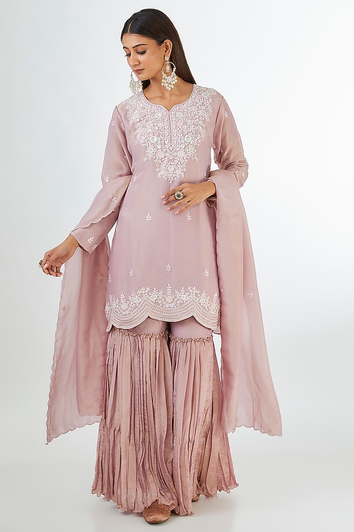 Light Dusty Pink Tissue Party Wear Sharara Set by Baidehi at Pernia's Pop Up Shop