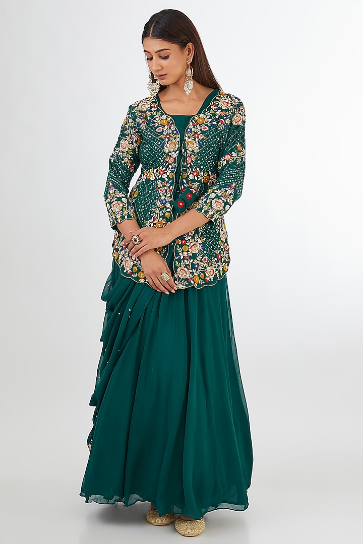 Rama Green Chinon Georgette Draped Gown Saree With Jacket by Baidehi at Pernia's Pop Up Shop