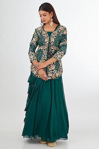 Rama Green Chinon Georgette Draped Gown Saree With Jacket by Baidehi