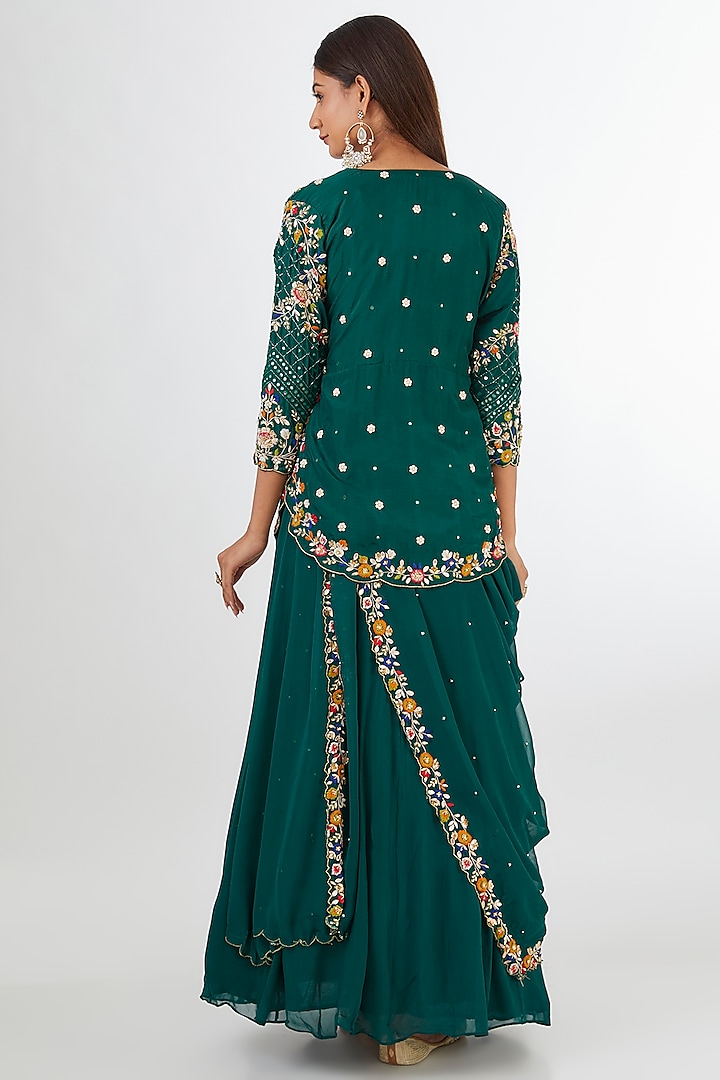 Rama Green Chinon Georgette Draped Wedding Gown Saree With Jacket by Baidehi at Pernia's Pop Up Shop