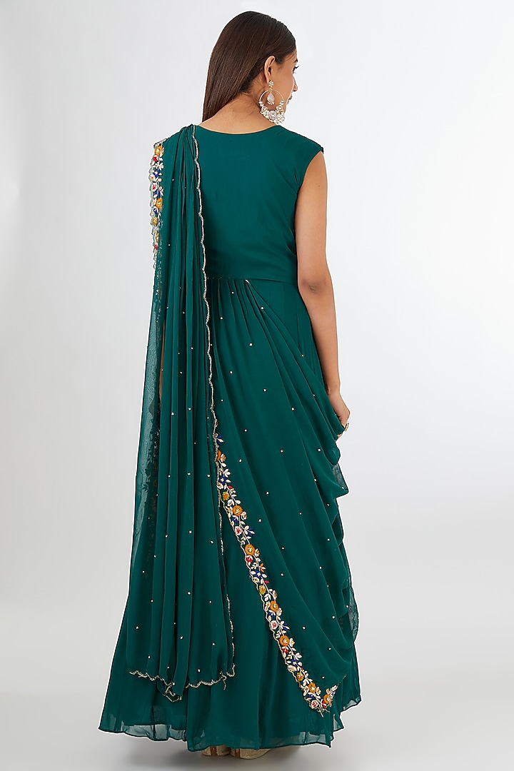 Rama Green Chinon Georgette Draped Wedding Gown Saree With Jacket by Baidehi at Pernia's Pop Up Shop