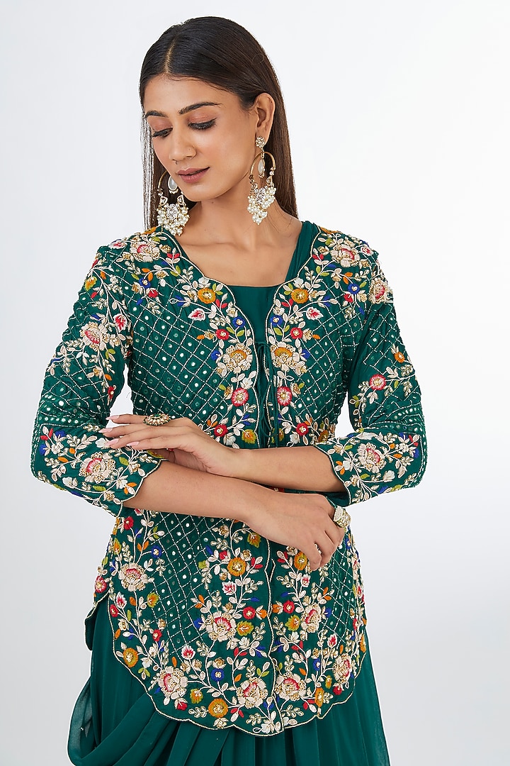 Rama Green Chinon Georgette Draped Wedding Gown Saree With Jacket by Baidehi at Pernia's Pop Up Shop