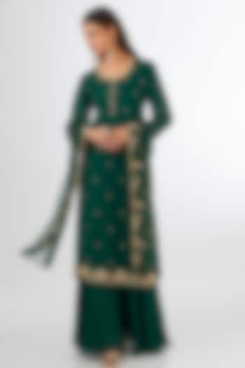 Bottle Green Chinon Georgette Sharara Set by Baidehi at Pernia's Pop Up Shop