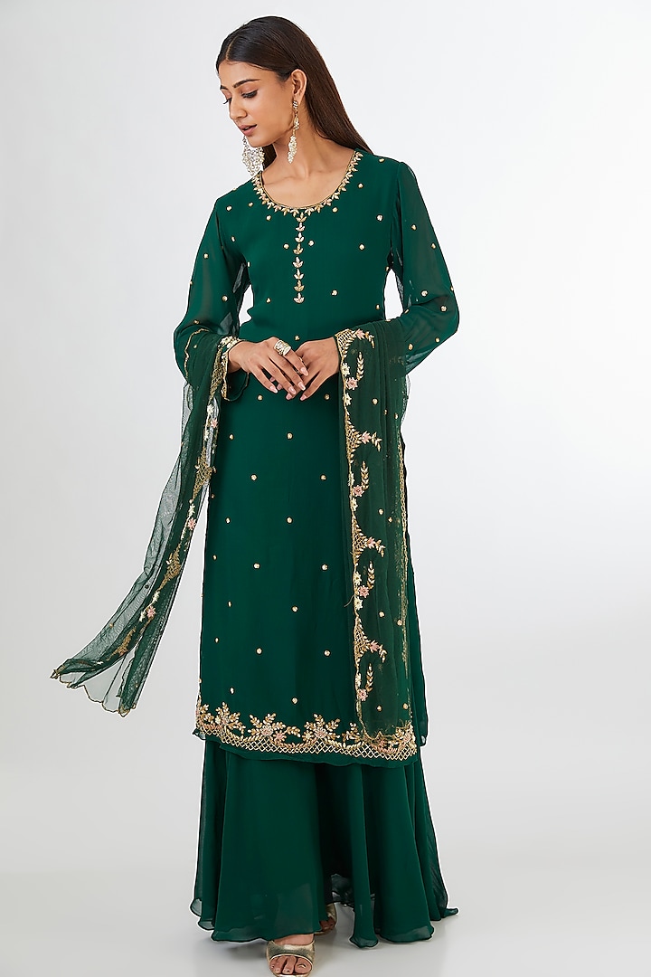 Bottle Green Chinon Georgette Sharara Set by Baidehi at Pernia's Pop Up Shop