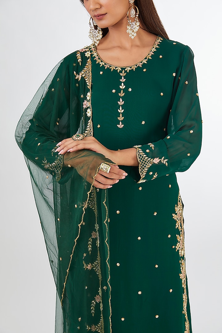 Bottle Green Chinon Georgette Party Wear Sharara Set by Baidehi at Pernia's Pop Up Shop