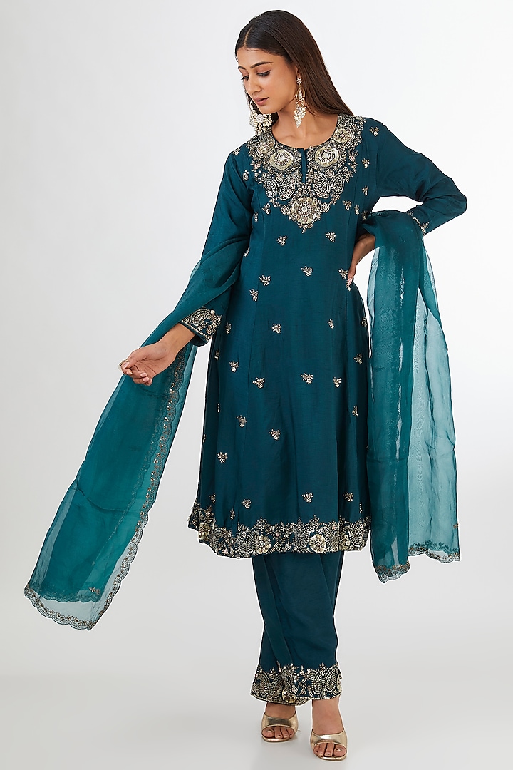 Rama Green Bemberg Silk Sequins Embroidered Anarkali Set by Baidehi