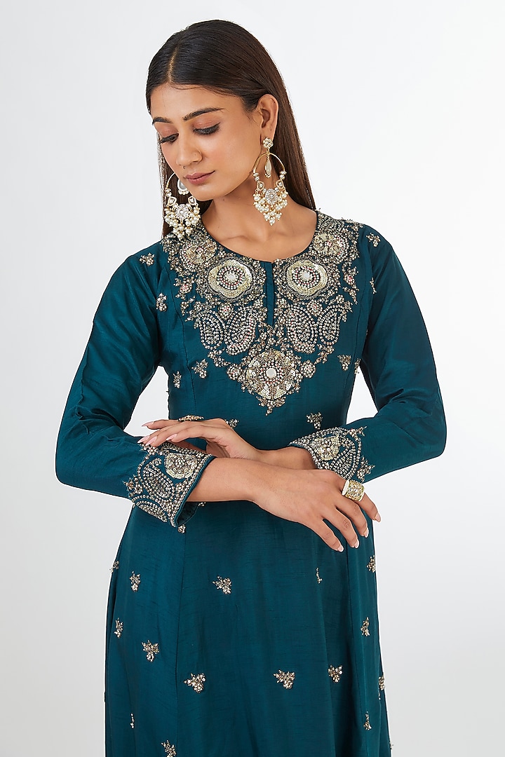 Rama Green Bemberg Silk Sequins Embroidered Wedding Anarkali Set by Baidehi at Pernia's Pop Up Shop