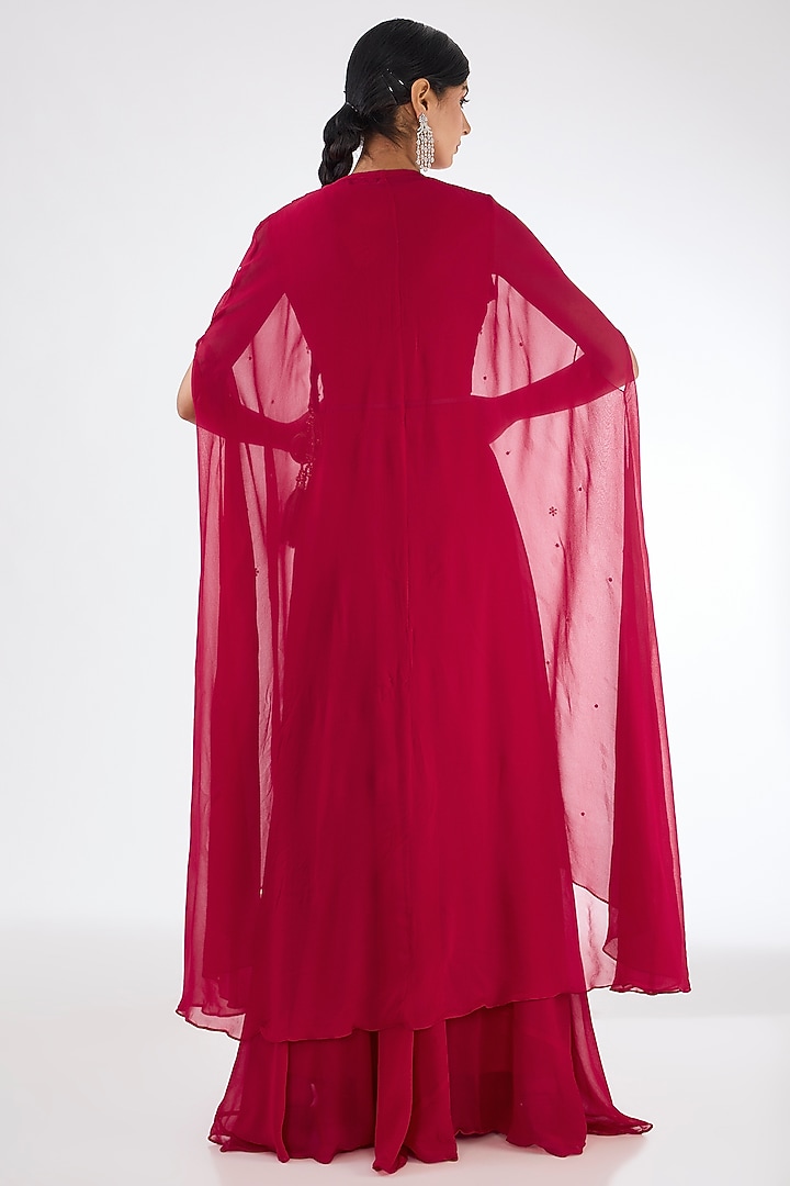 Red Chinon Georgette Cowl Pleated Skirt Set by Baidehi at Pernia's Pop Up Shop