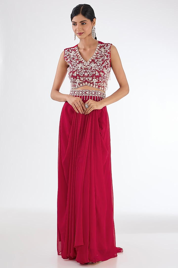 Red Chinon Georgette Cowl Pleated Skirt Set by Baidehi at Pernia's Pop Up Shop