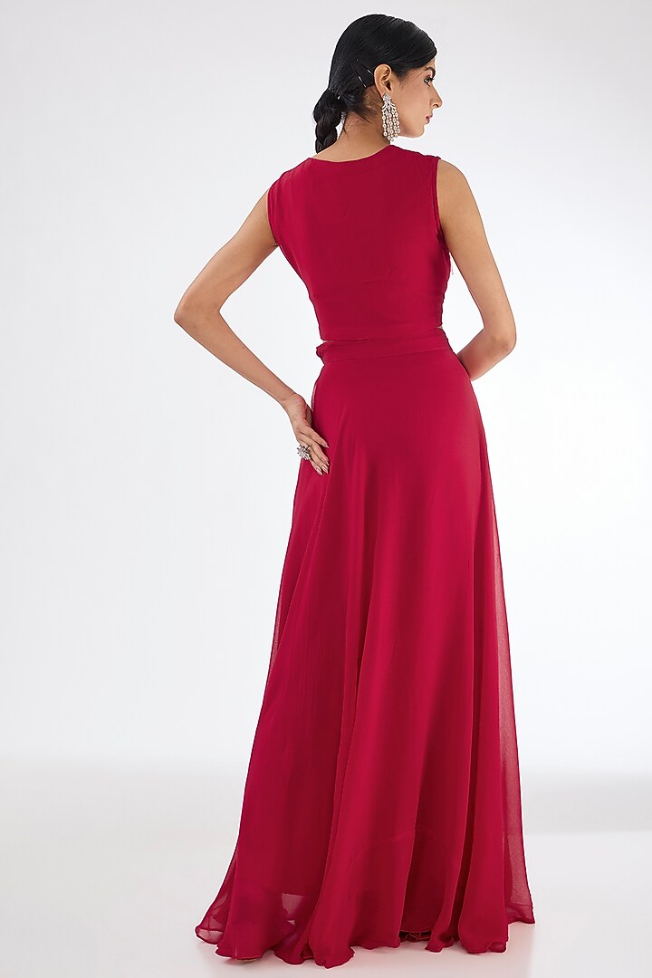 Red Chinon Georgette Cowl Pleated Skirt Set by Baidehi at Pernia's Pop Up Shop