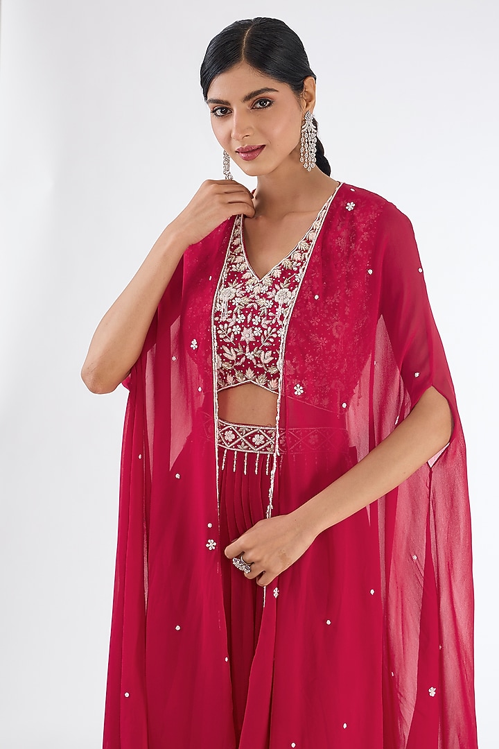 Red Chinon Georgette Cowl Pleated Skirt Set by Baidehi at Pernia's Pop Up Shop