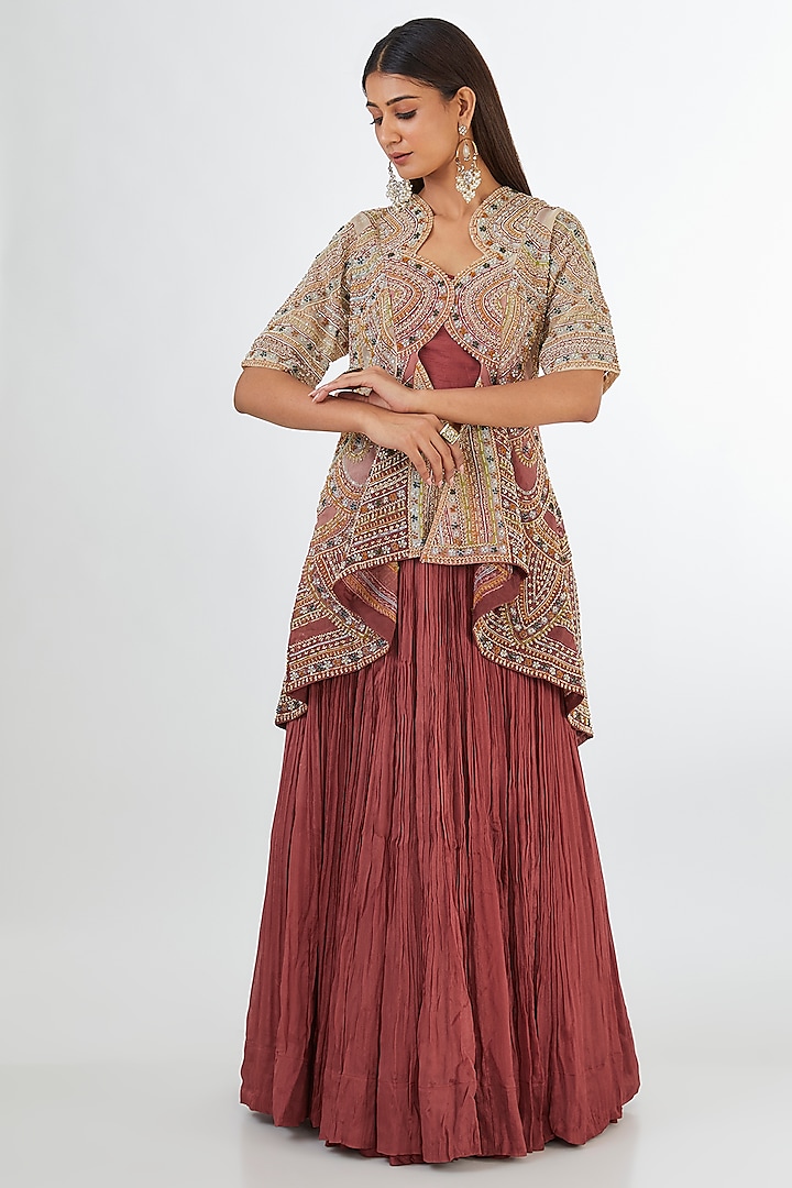 Rust Chinon Georgette Ruched Skirt Set by Baidehi at Pernia's Pop Up Shop