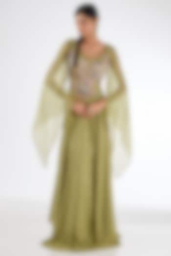 Pista Green Chinon Georgette Sequins Embroidered Draped Gown by Baidehi at Pernia's Pop Up Shop