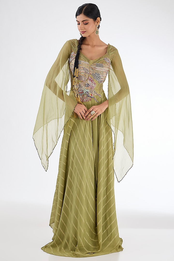 Pista Green Chinon Georgette Sequins Embroidered Draped Gown by Baidehi at Pernia's Pop Up Shop