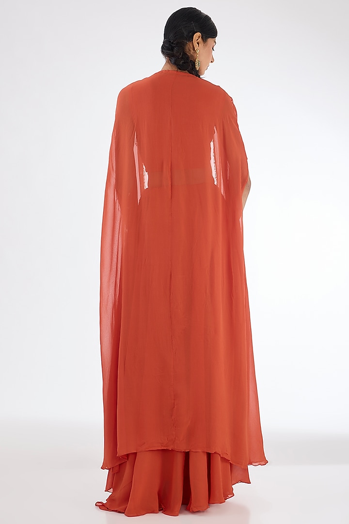 Orange Chinon Georgette Cowl Pleated Skirt Set by Baidehi at Pernia's Pop Up Shop