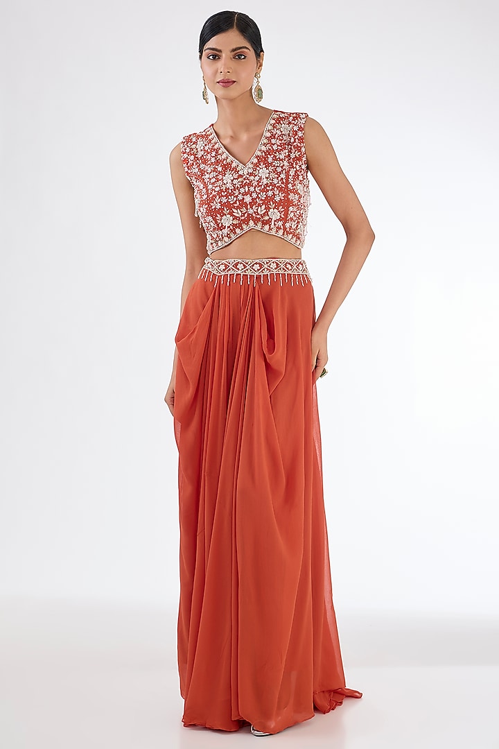 Orange Chinon Georgette Cowl Pleated Skirt Set by Baidehi at Pernia's Pop Up Shop