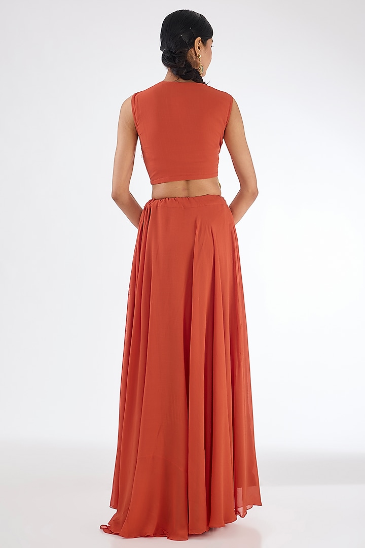Orange Chinon Georgette Cowl Pleated Skirt Set by Baidehi at Pernia's Pop Up Shop
