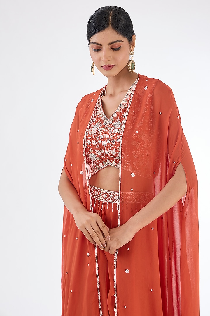 Orange Chinon Georgette Cowl Pleated Skirt Set by Baidehi at Pernia's Pop Up Shop