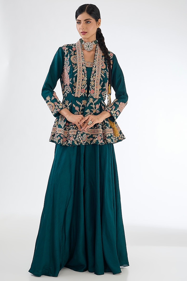 Royal Blue Bemberg Silk Sequins Embroidered Jacket Set by Baidehi at Pernia's Pop Up Shop