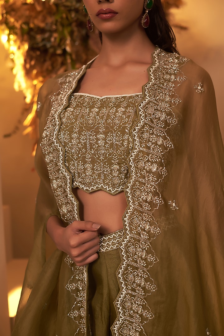 Sage Green Organza Embroidered Jacket Set by Baidehi at Pernia's Pop Up Shop