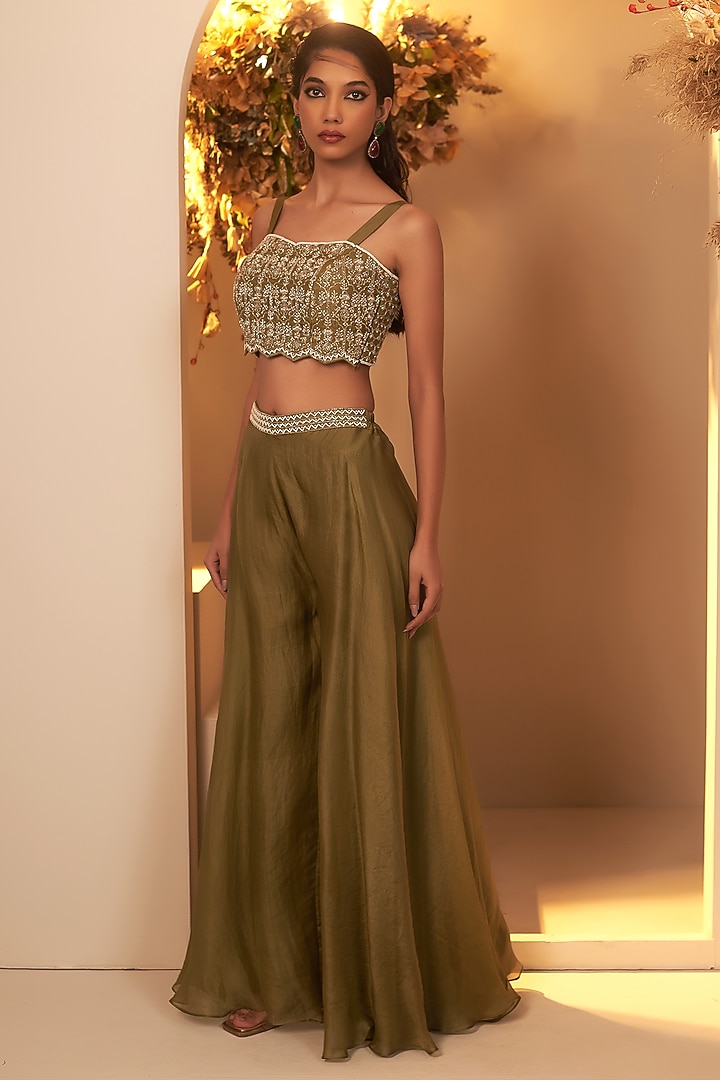 Sage Green Organza Embroidered Jacket Set by Baidehi at Pernia's Pop Up Shop
