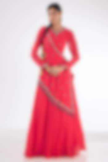 Light Coral Red Georgette Draped Lehenga Set by Baidehi at Pernia's Pop Up Shop