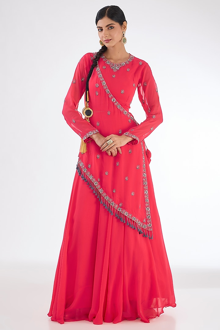 Light Coral Red Georgette Draped Lehenga Set by Baidehi at Pernia's Pop Up Shop