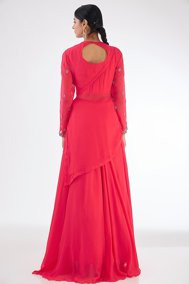 Light Coral Red Georgette Draped Lehenga Set by Baidehi at Pernia's Pop Up Shop