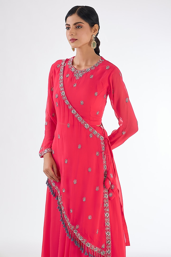 Light Coral Red Georgette Draped Lehenga Set by Baidehi at Pernia's Pop Up Shop