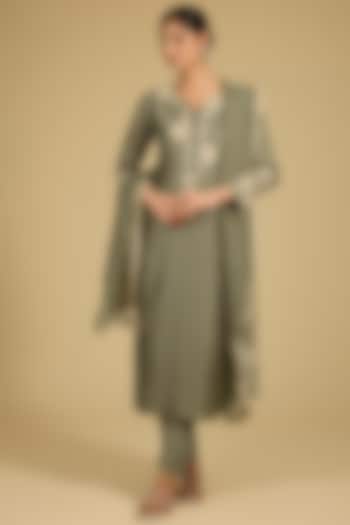 Sage Green Bamberg Silk Pearl Work Kurta Set by Baidehi at Pernia's Pop Up Shop