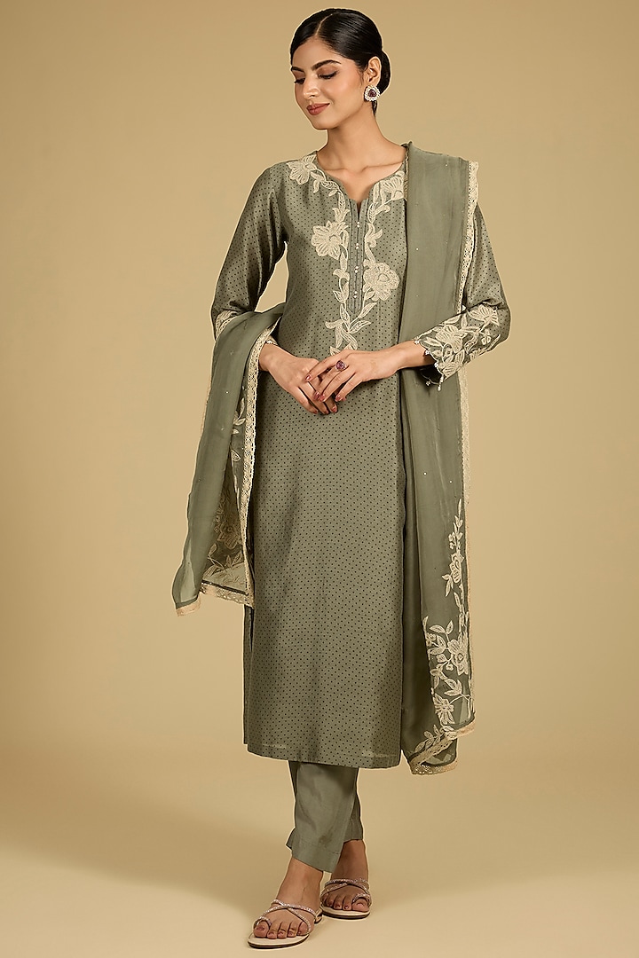 Sage Green Bamberg Silk Pearl Work Kurta Set by Baidehi at Pernia's Pop Up Shop
