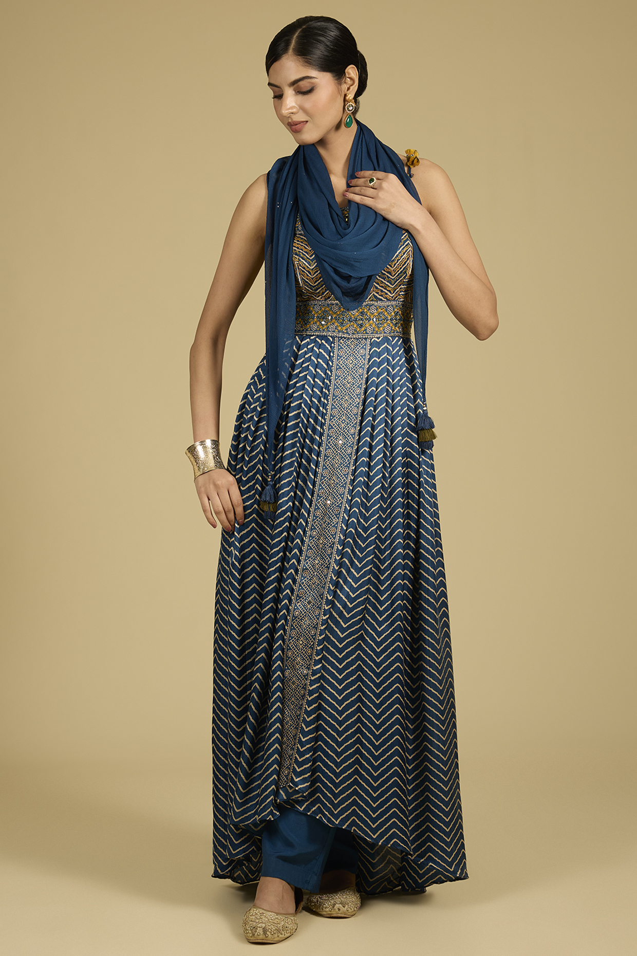 Cobalt Blue Mashru Silk Printed & Mirror Work Party Wear Anarkali Set by Baidehi at Pernia's Pop Up Shop