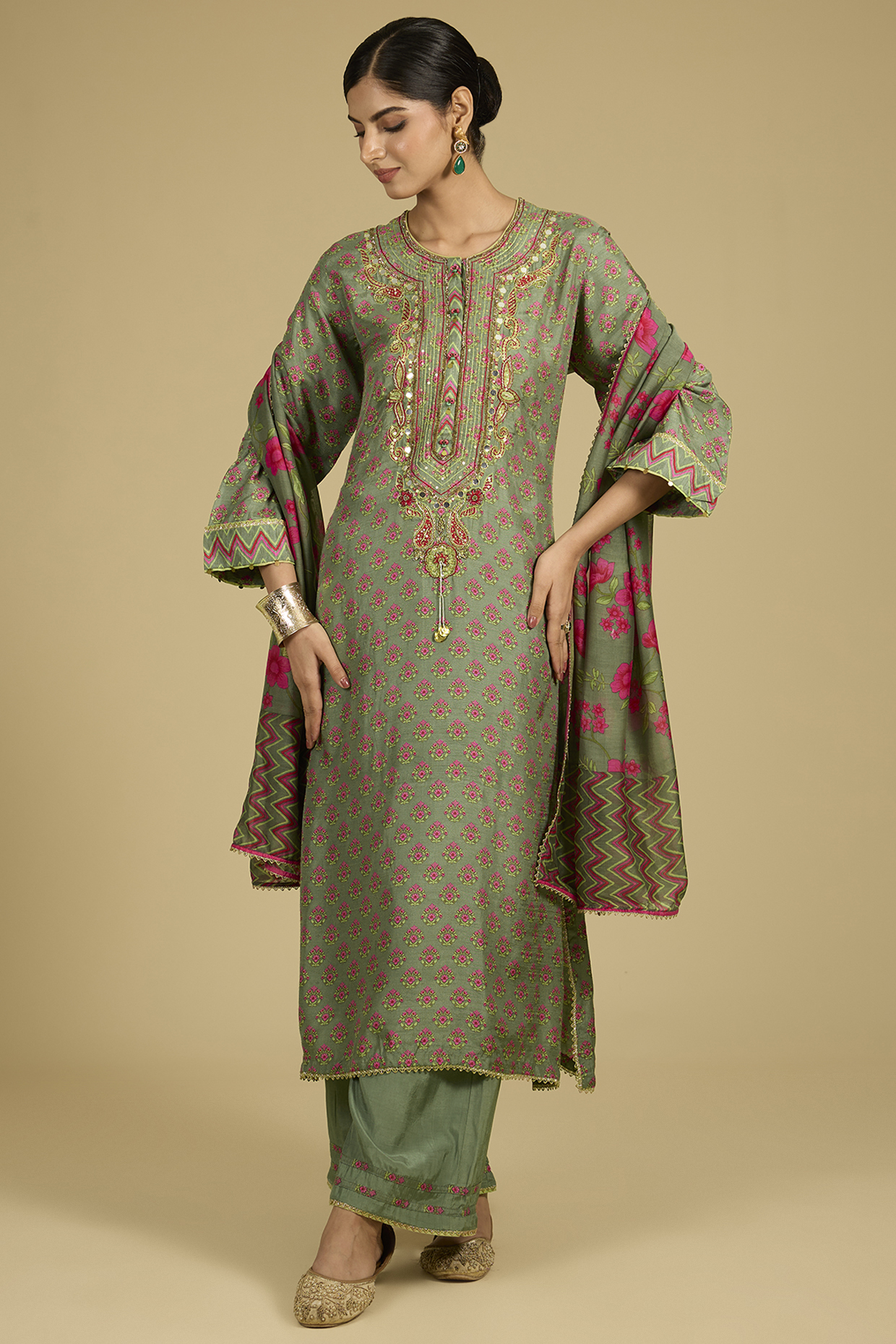 Sage Green Dola Silk Sequins Work & Printed Kurta Set by Baidehi at Pernia's Pop Up Shop
