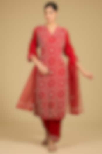 Red Cotton Chanderi Hand Embroidered Kurta Set by Baidehi at Pernia's Pop Up Shop