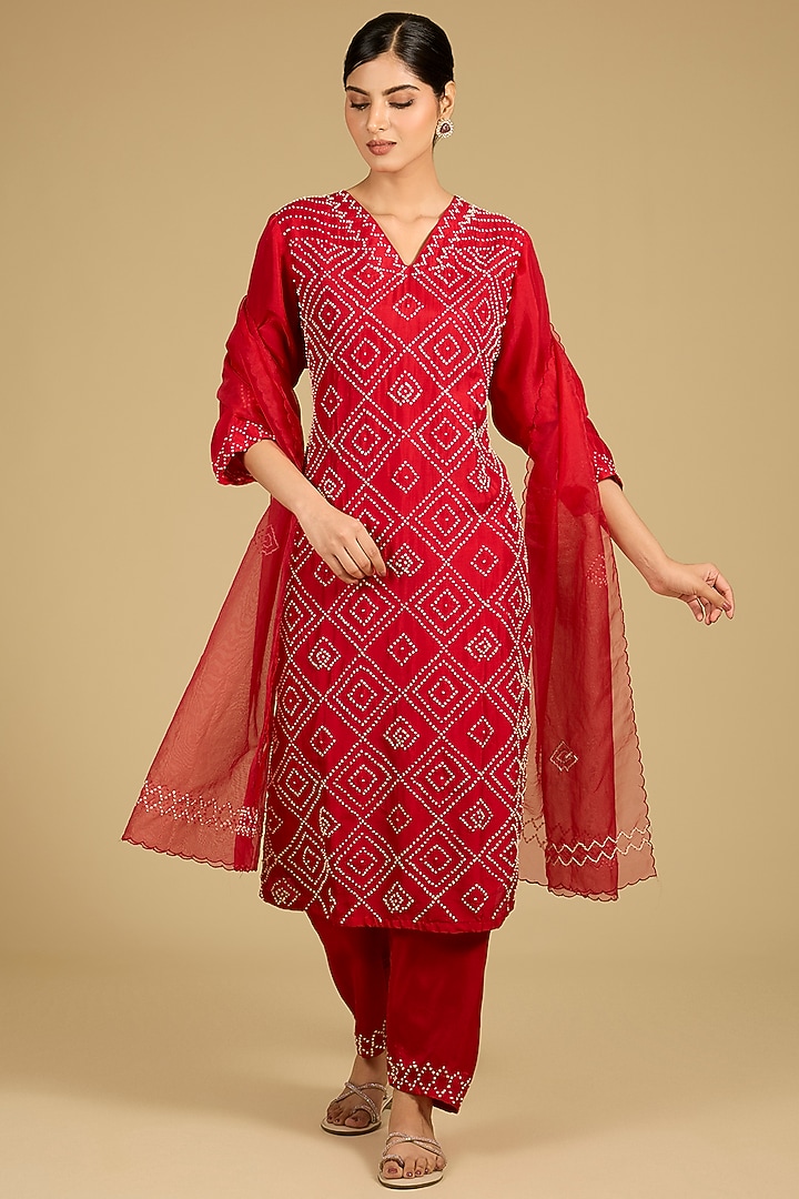 Red Cotton Chanderi Hand Embroidered Kurta Set by Baidehi at Pernia's Pop Up Shop