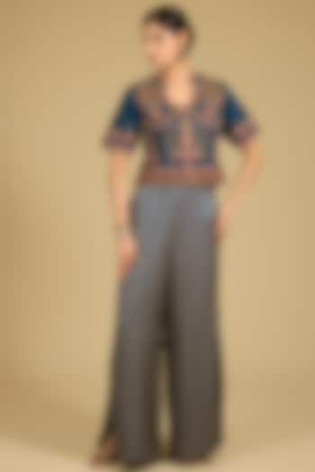 Cobalt Blue Mashru Satin Palazzo Pant Set by Baidehi at Pernia's Pop Up Shop