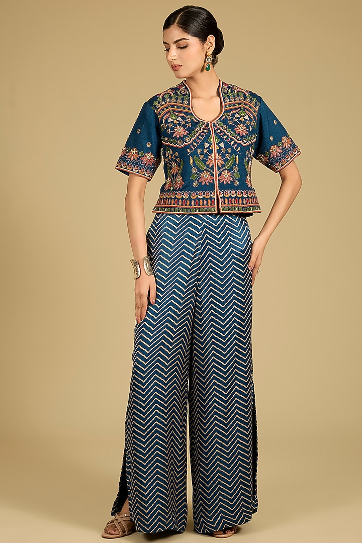 Cobalt Blue Mashru Satin Palazzo Pant Set by Baidehi at Pernia's Pop Up Shop