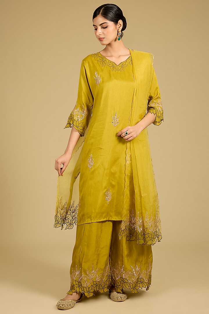 Lime Green Cotton Chanderi Applique Work Kurta Set by Baidehi at Pernia's Pop Up Shop