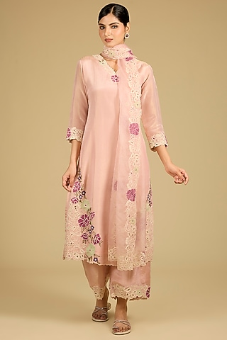 Blush Pink Shimmer Thread Work Kurta Set by Baidehi