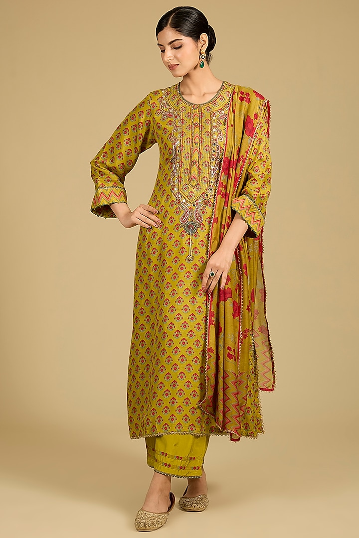 Mustard Dola Silk Sequins Work Kurta Set by Baidehi at Pernia's Pop Up Shop